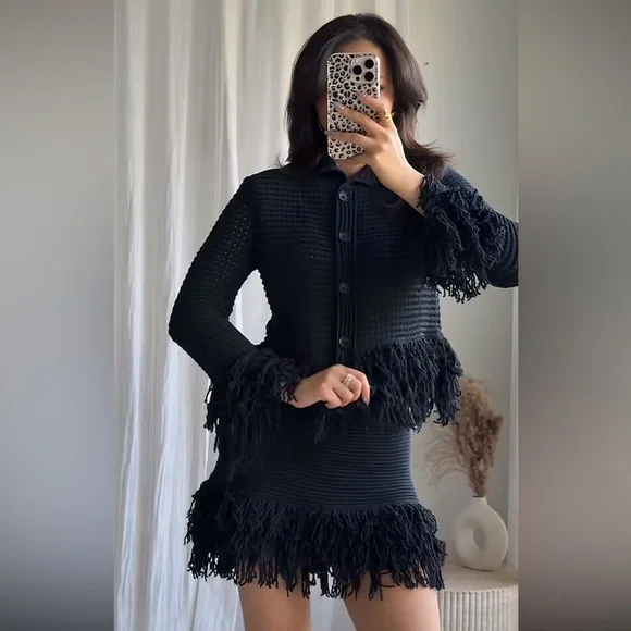 ZARA FRINGE CHECK KNIT JACKET NAVY BLUE SMALL MEDIUM - Picture 3 of 3